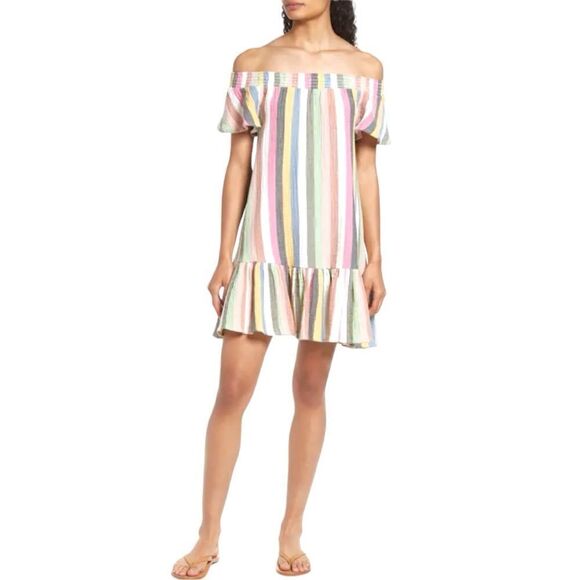 Marine Layer Shirley Stripe off the shoulder Bold Multicolor MiniDress - Picture 1 of 9